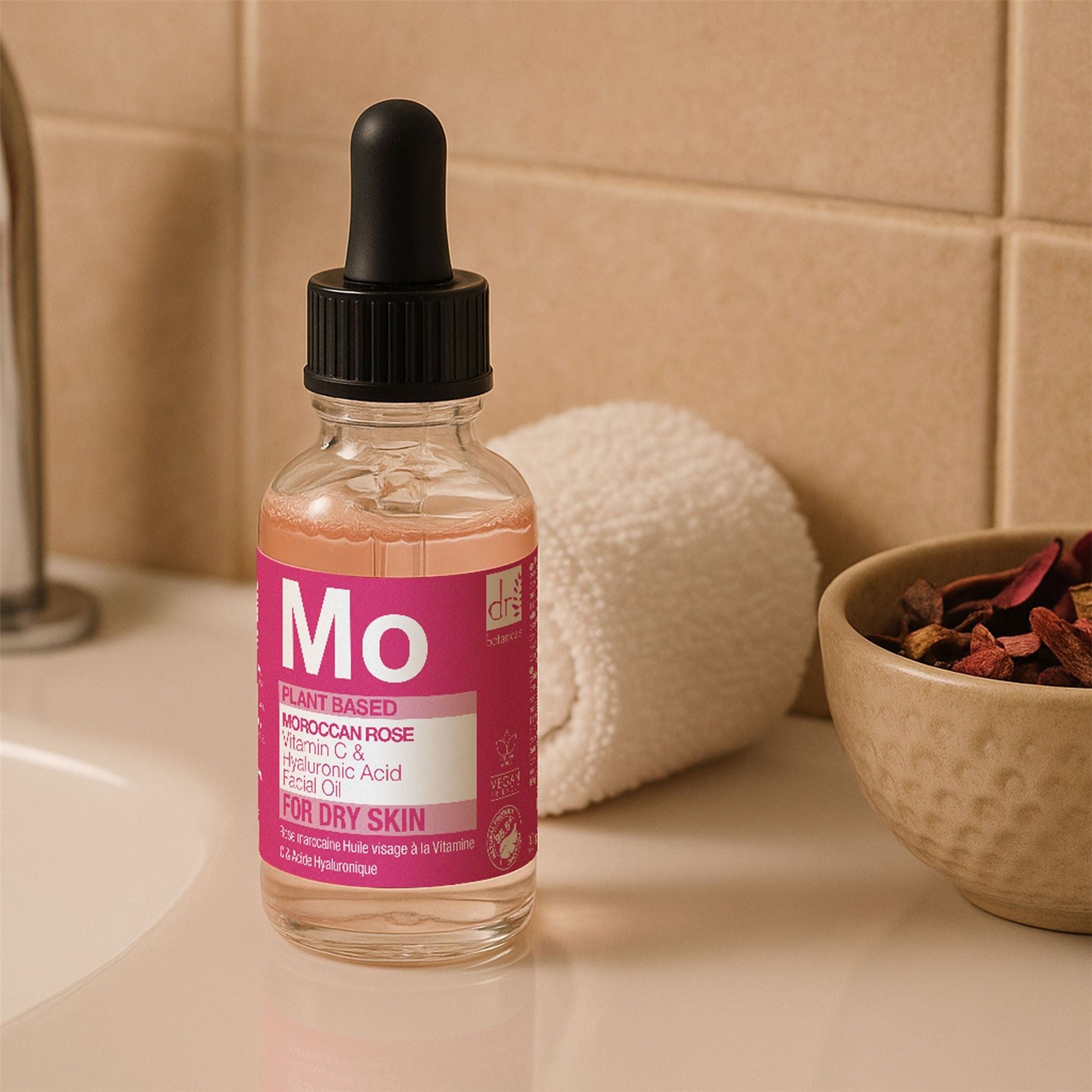 Huile visage à la rose marocaine, à l'acide hyaluronique et à la vitamine C, 15 ml