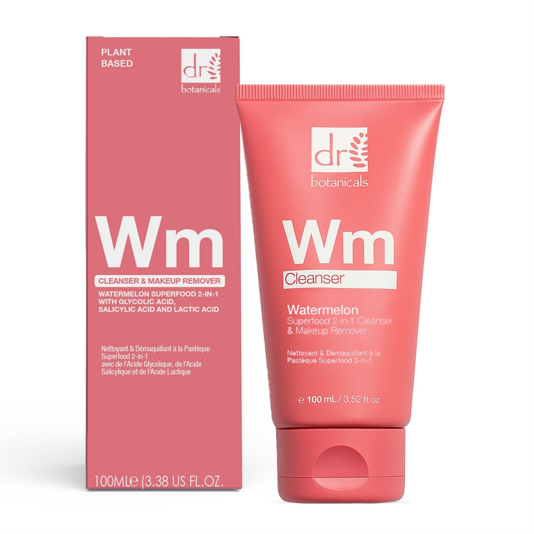 Nettoyant et démaquillant 2 en 1 à la pastèque, superaliment, 100 ml, à base d'acide glycolique, d'acide salicylique et d'acide lactique.