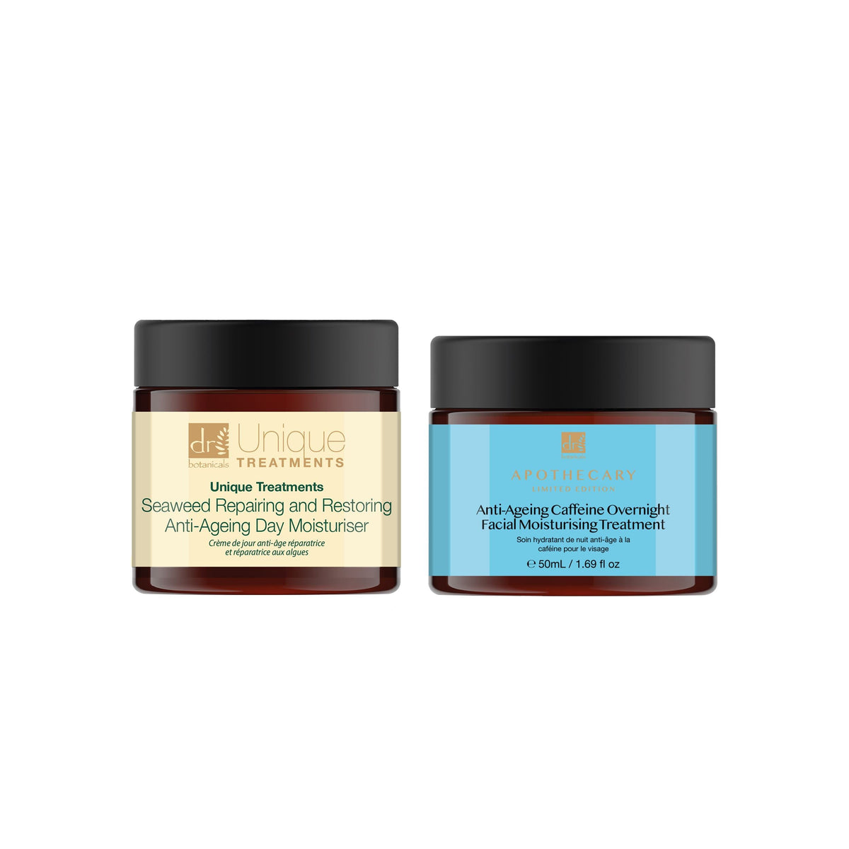 Anti-Ageing Caffeine Overnight Facial Moisturising Treatment 50ml + Unique Treatments Seaweed Repairing and Restoring Anti-Ageing Day Moisturiser - skinChemists