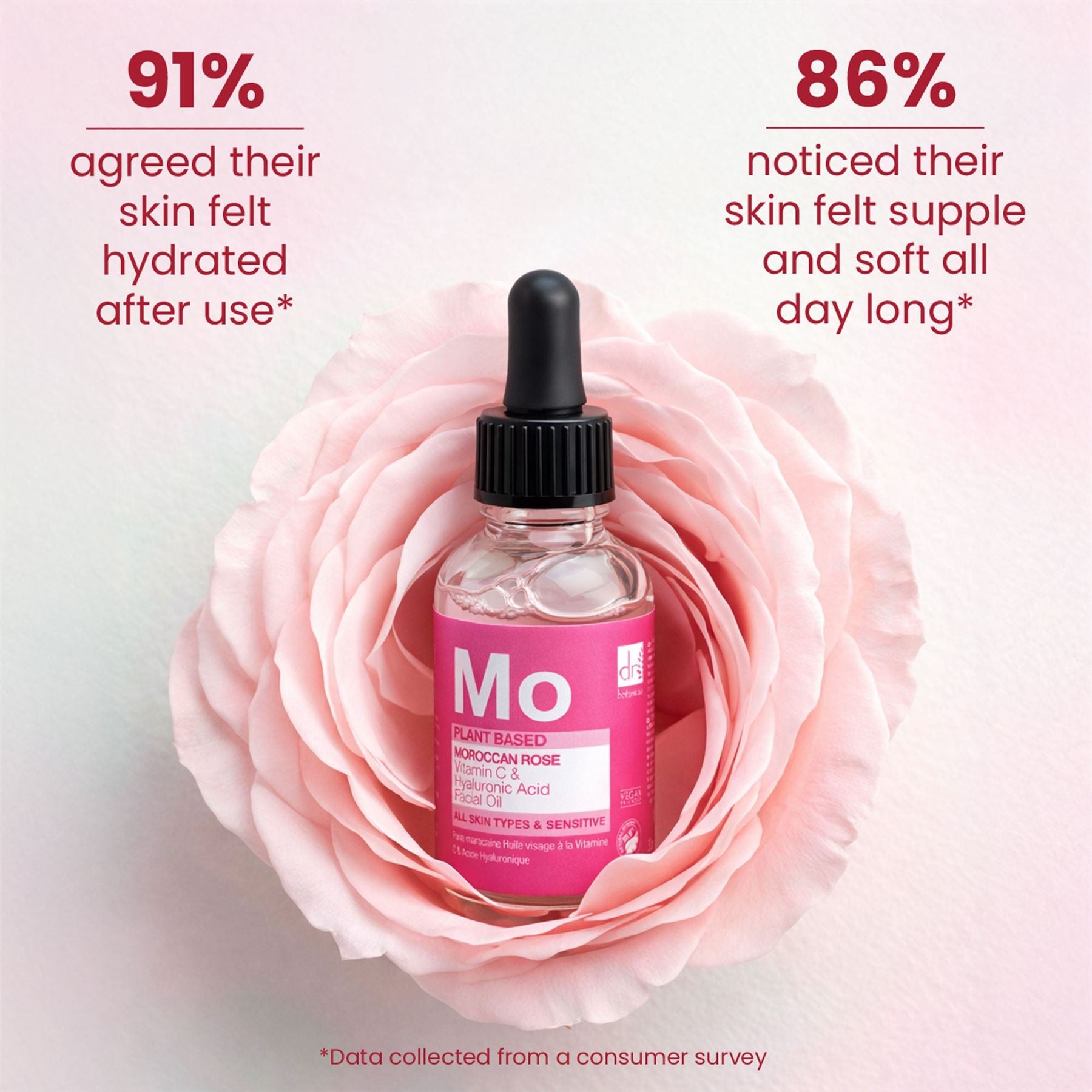 Huile visage à la rose marocaine, à l'acide hyaluronique et à la vitamine C, 15 ml