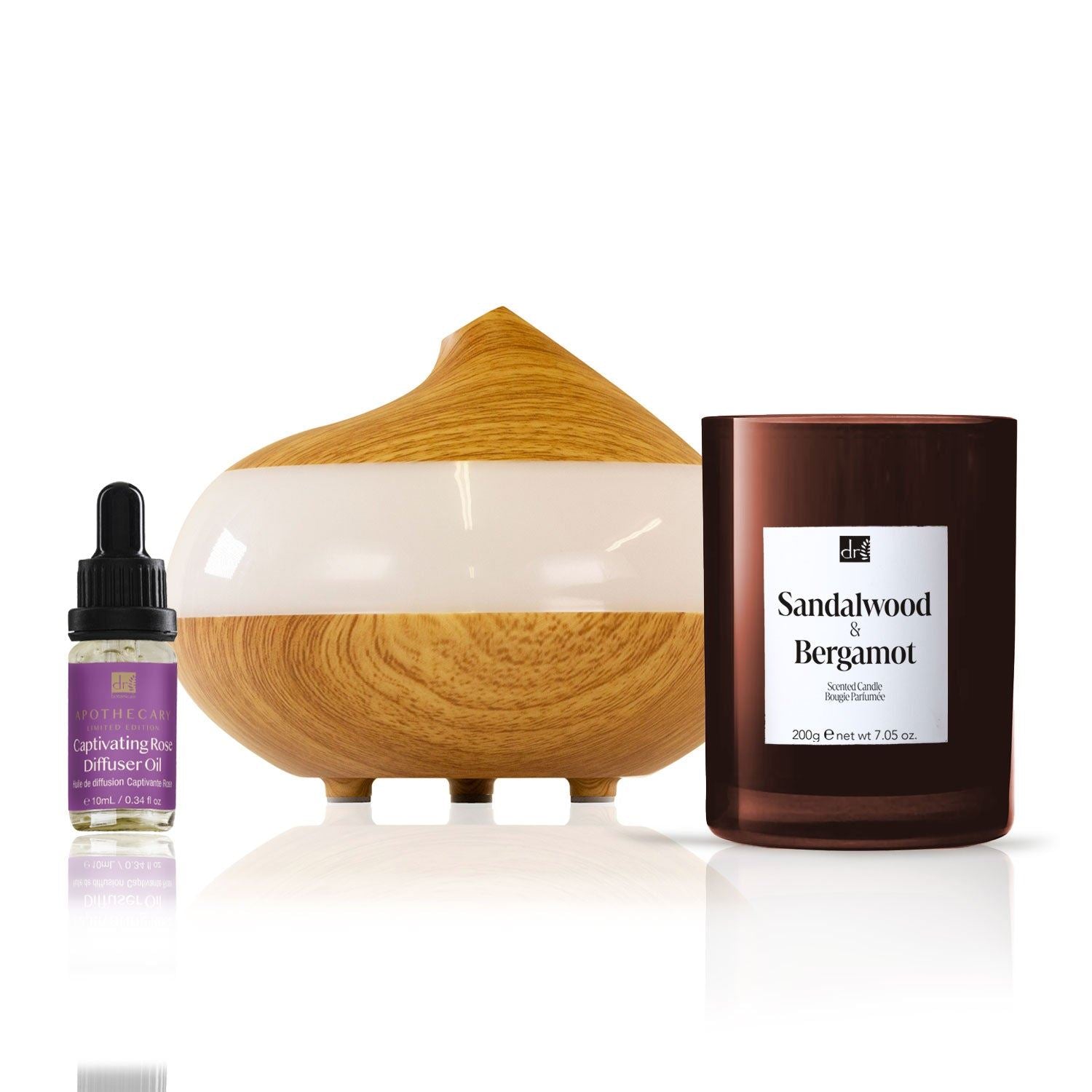 Deluxe Relaxation Rose Diffuser Kit with Sandalwood & Bergamot Candle