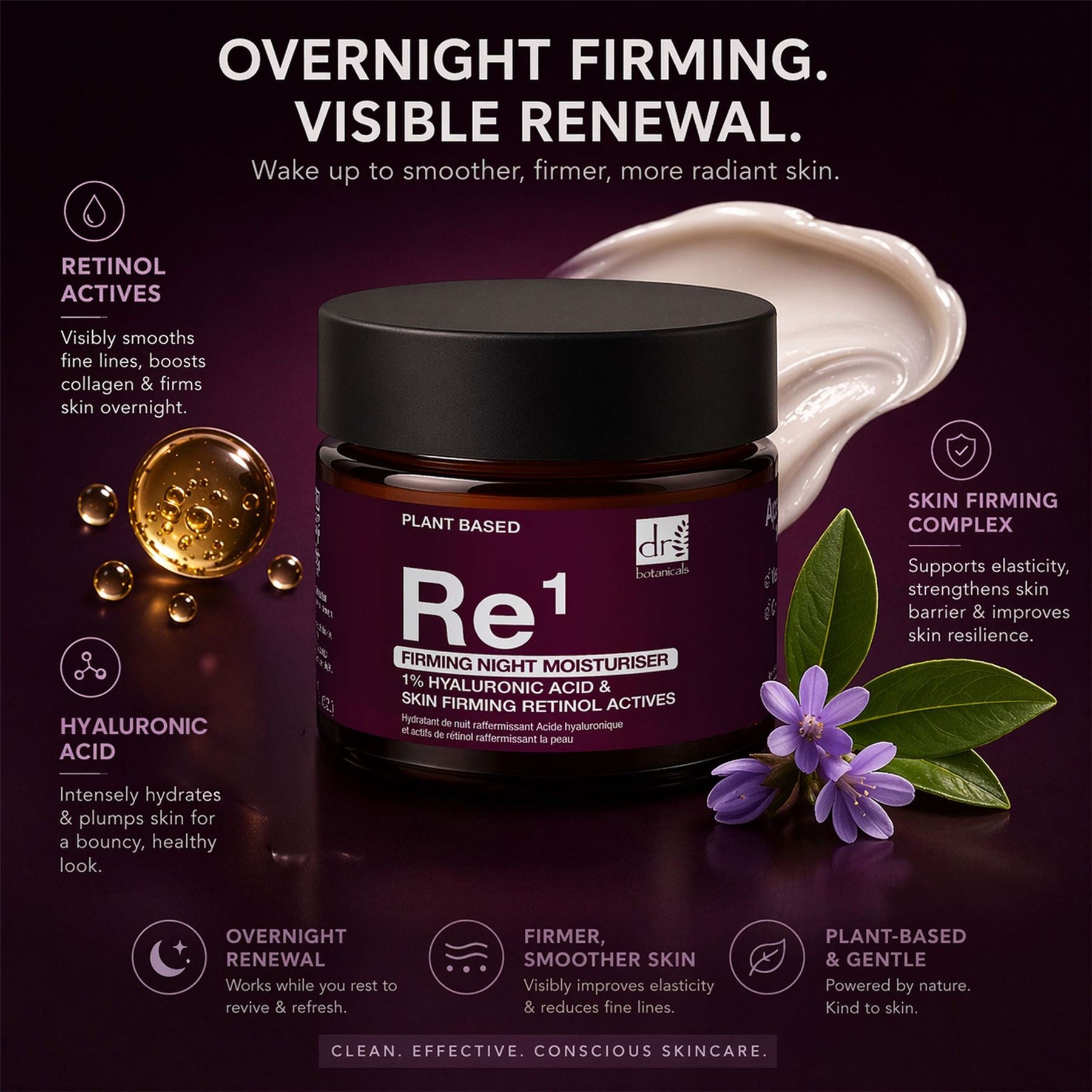 Dr Botanicals Firming Night Moisturiser with 1% Hyaluronic Acid & Skin Firming Retinol Actives 60ml