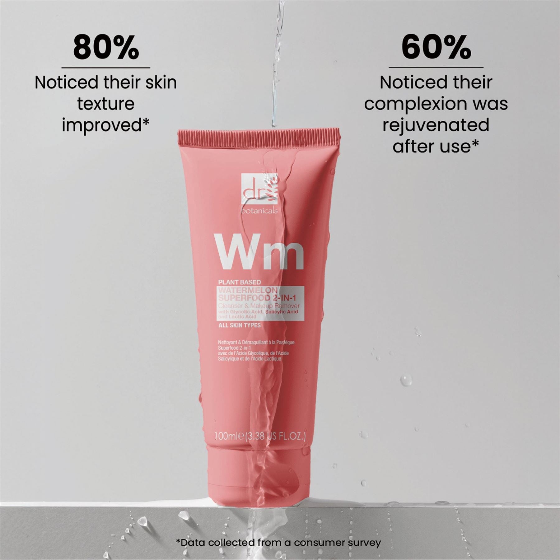 Nettoyant et démaquillant 2 en 1 à la pastèque, superaliment, 100 ml, à base d'acide glycolique, d'acide salicylique et d'acide lactique.