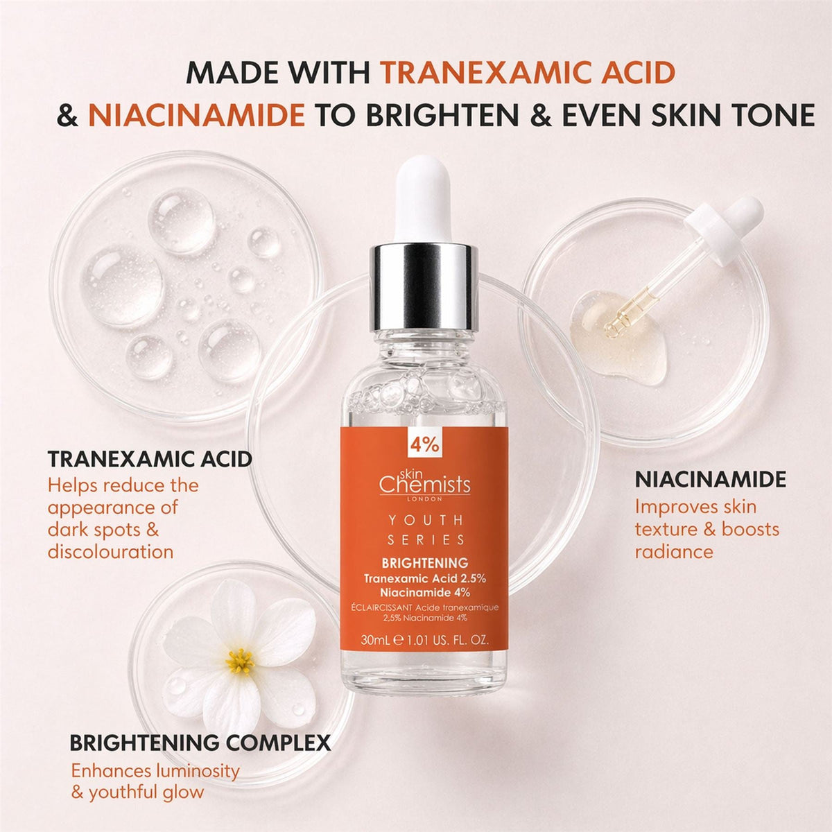 Tranexamic Acid 2.5%, Niacinamide 4% Brightening Facial Serum 30ml - skinChemists