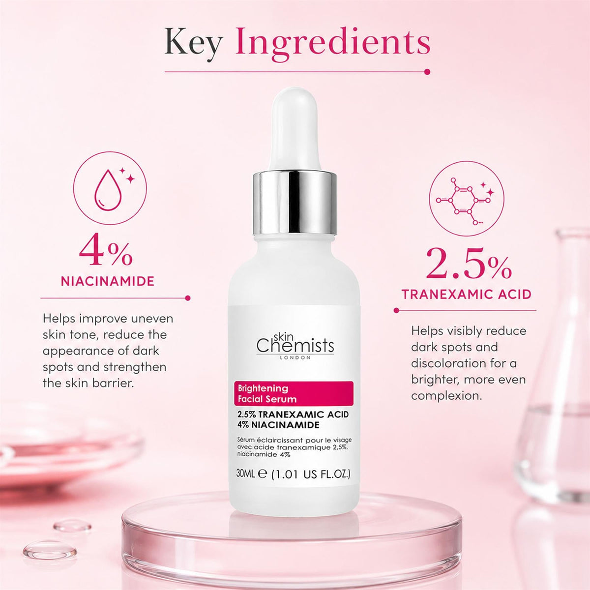 Sérum facial iluminador con ácido tranexámico al 2,5%, ácido tranexámico al 2,5% y niacinamida al 4% 30ml